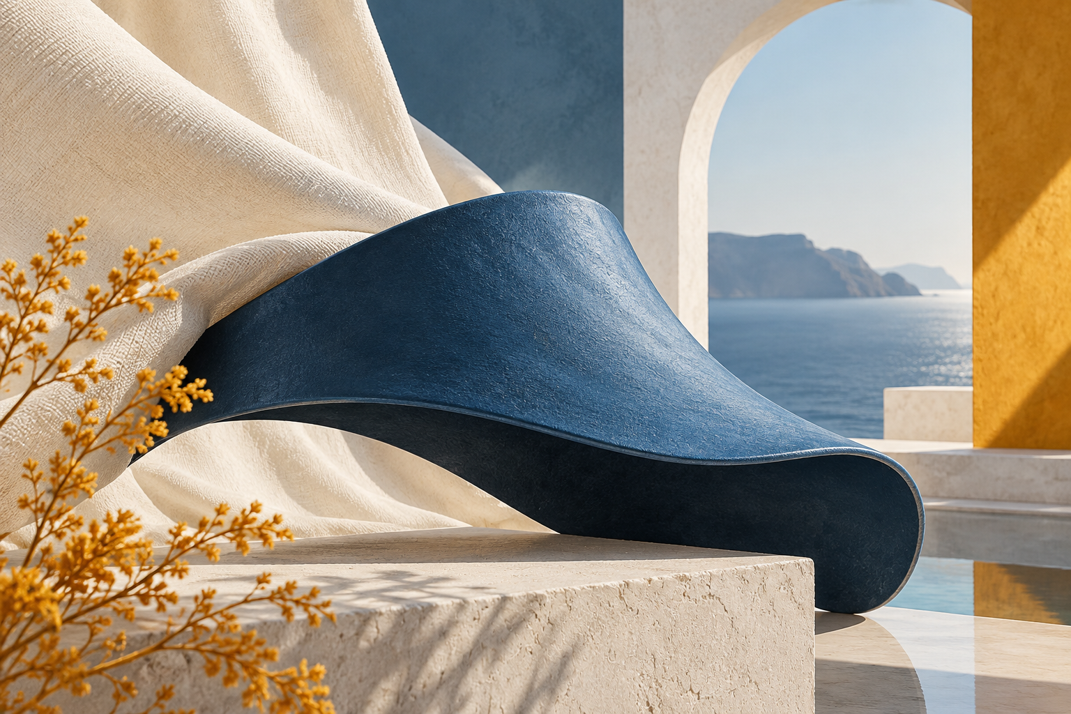 cobalt curved visor-like sculpture and ivory canvas texture with saffron accents, contemporary fashion abstract, no caps